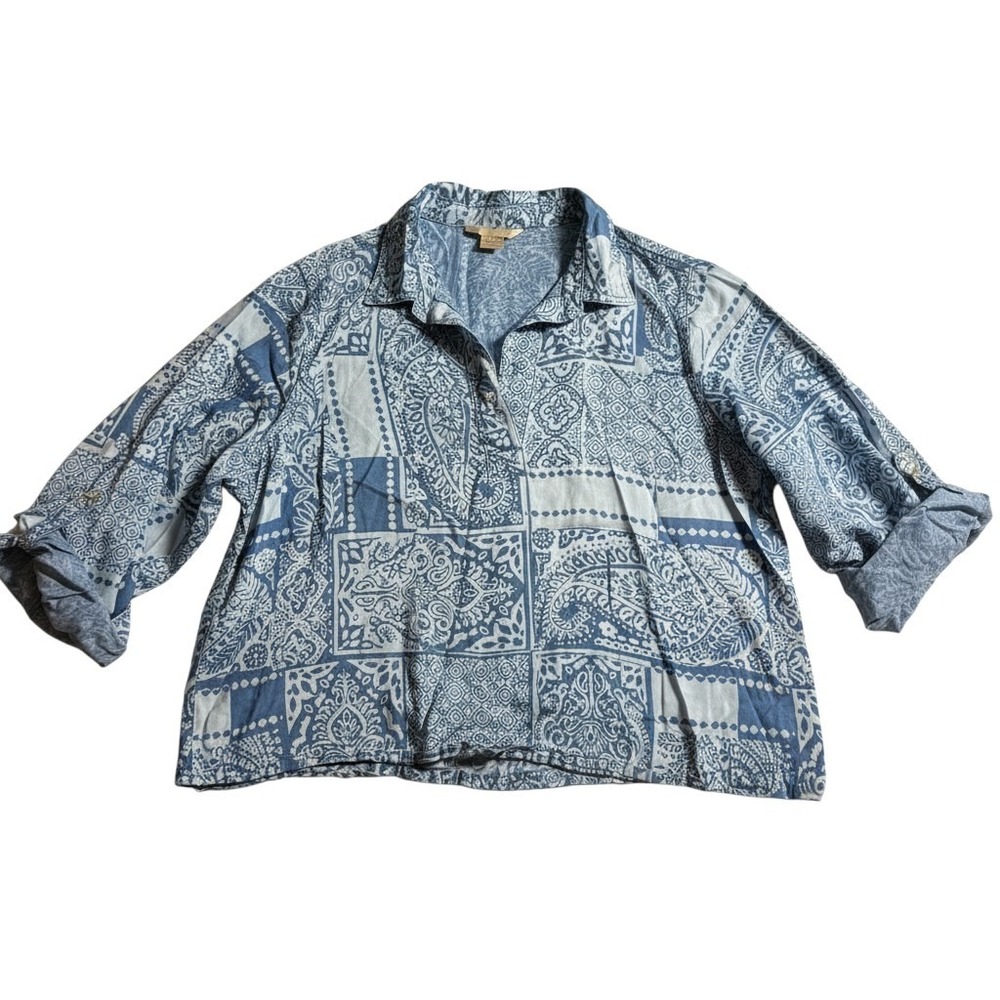 Hope & Harlow Tunic Top 1X Blue Paisley Patchwork Roll Tab Lyocell Split Neck